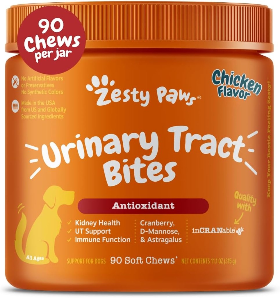Zesty Paws Cranberry συμπλήρωμα για τα σκυλιά - Έλεγχος της ουροδόχου κύστης για τα σκυλιά - ούρα Φυλλαδική υποστήριξη - Cranberry Chews - Immune & Gut Υποστήριξη - Κοτόπουλο - 90 κόμης
