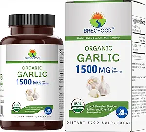 Brieofood Organic Garlic 1500mg, 45 Servings, Vegetarian, Gluten Free, 90 Vegetarian Tablets