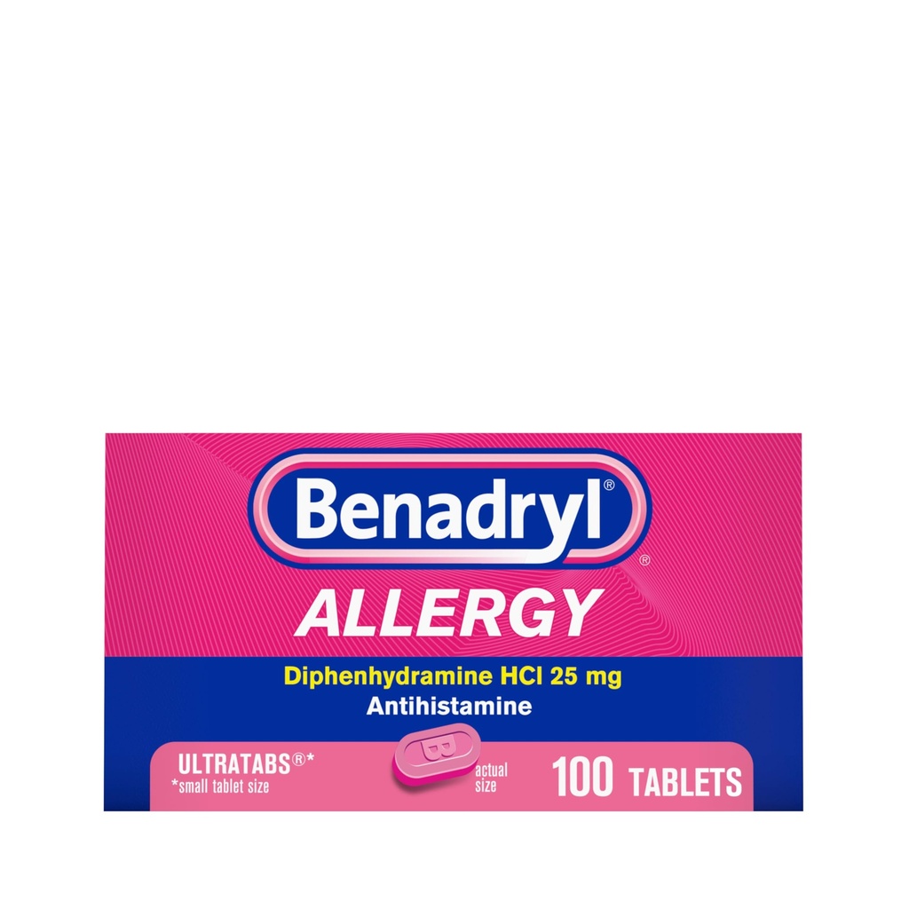 Benadryl Ultratabs Αλλεργία Ιατρική, 25 mg Διφαινυδραμίνη HCl Αντιισταμινικά Δισκία Για Ψυχρό & Αλλεργία Ανακούφιση Συμπτωμάτων Όπως Φτάρνισμα, Ρύζι Μύτη, Ίτσι Μάτια & Λαρύγγι, Πυρετός Χέι, 100 Count Tablets