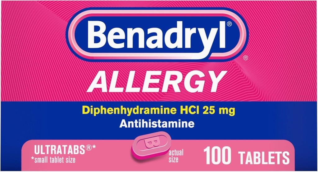 Benadryl Ultratabs Αλλεργία Ιατρική, 25 mg Διφαινυδραμίνη HCl Αντιισταμινικά Δισκία Για Ψυχρό & Αλλεργία Ανακούφιση Συμπτωμάτων Όπως Φτάρνισμα, Ρύζι Μύτη, Ίτσι Μάτια & Λαρύγγι, Πυρετός Χέι, 100 Count Tablets