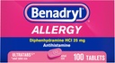 Benadryl Ultratabs Αλλεργία Ιατρική, 25 mg Διφαινυδραμίνη HCl Αντιισταμινικά Δισκία Για Ψυχρό & Αλλεργία Ανακούφιση Συμπτωμάτων Όπως Φτάρνισμα, Ρύζι Μύτη, Ίτσι Μάτια & Λαρύγγι, Πυρετός Χέι, 100 Count Tablets