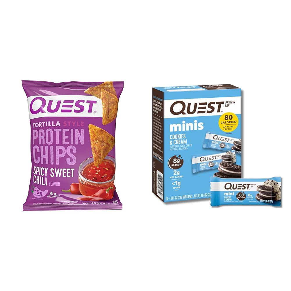 Quest Spicy Sweet Chili Tortilla Chips & Mini Cookies & Cream Protein Bars Bundle (12 Count, 14 Count)