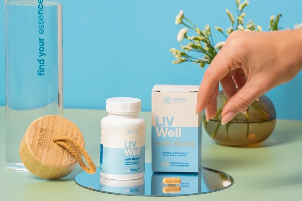 Συμπλήρωμα ESSE Vegan Milk Thittle με εκχύλισμα Sesame και Artichoke - Advanced HPLC Tested for Purity - 80% Silymarin Thittle for Liver Cleanse Detox & Repair Plus Υγιεινή υποστήριξη του δέρματος, 60 κάψουλες