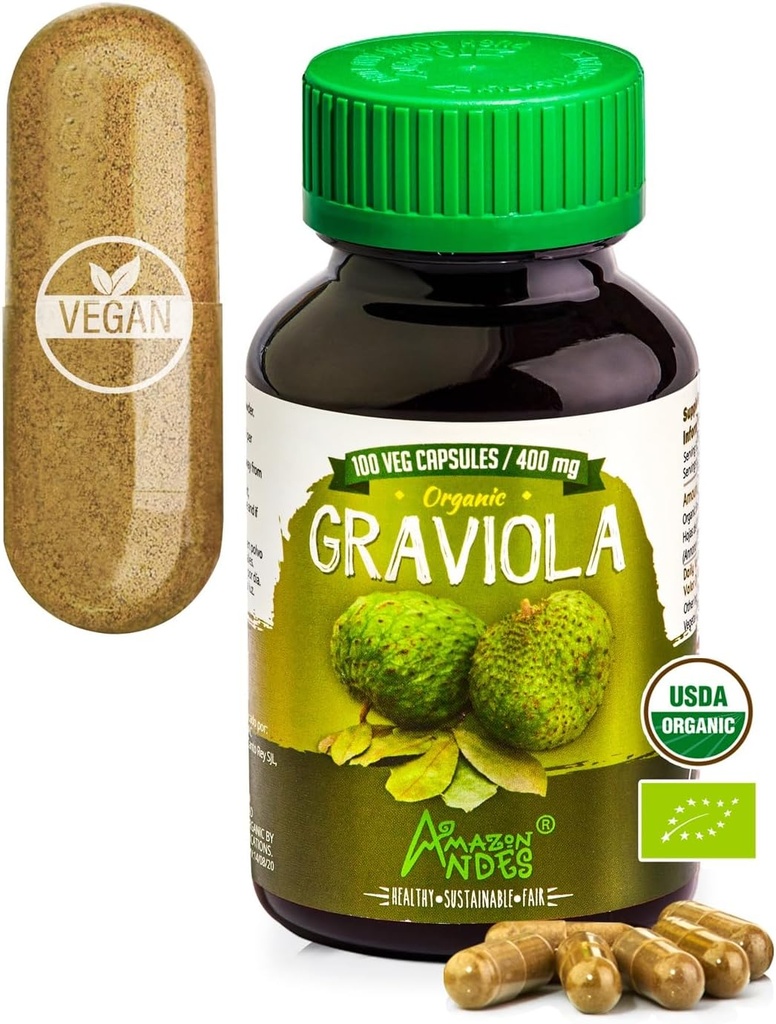 Vees Graviola Capsules - Vitamin C & Fiber - Immune System Stimulator - Sağlıklı Hücre Fonksiyonlu - Vegan, GMO, Gluten-free, Fairtrade sertifikalı - 100 Soursop Pills (400 mg)