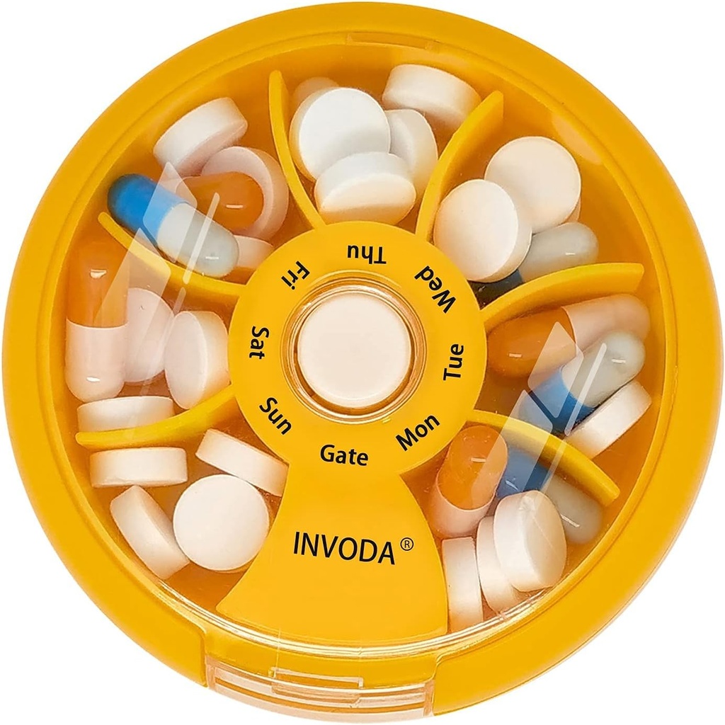 INVODA Weekly Pill Organizer 7 Karşılaştırmalı Günlük İlaçlar ve Vitaminler için Pill Box - Portatif Seyahat Pill Case Fish Oil Supplements Vitamins Organizer (Orange)