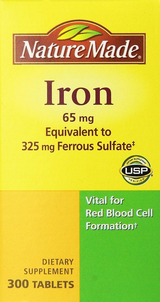 Nature Made Iron 65mg, ισοδύναμο με 325 mg θειικού σιδήρου - 300 δισκία