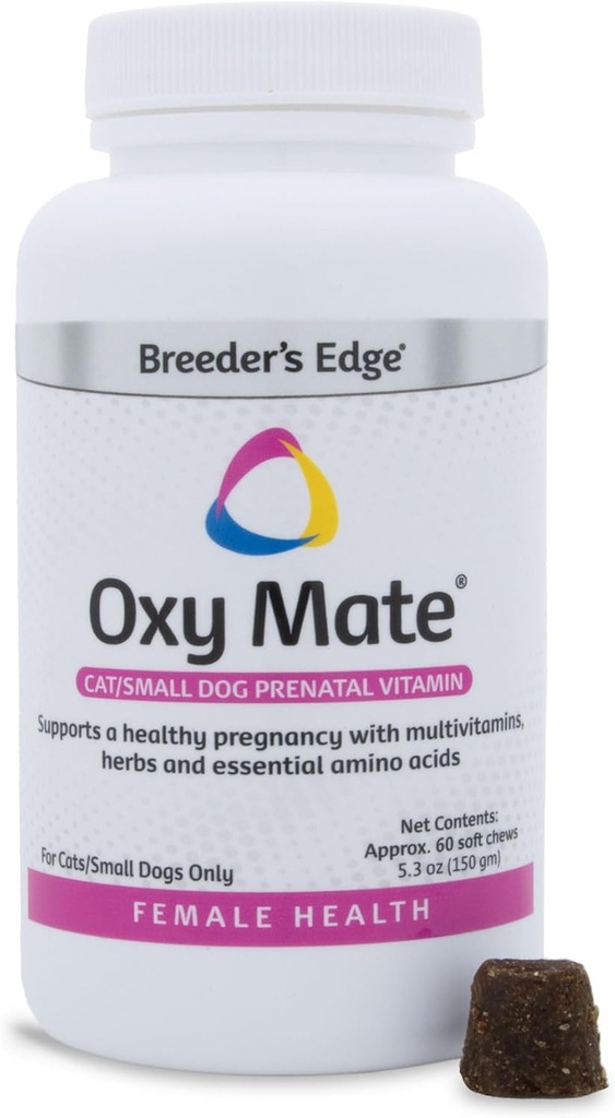 Breeder's Edge Oxy Mate Dog and Cat Prenatal Vitamins, Comprehensive Vitamin for Pregnant Dogs and Cats Enriched with Essential Nutrients for Healthy Moms and Litters, 60ct Small Dog & Cat