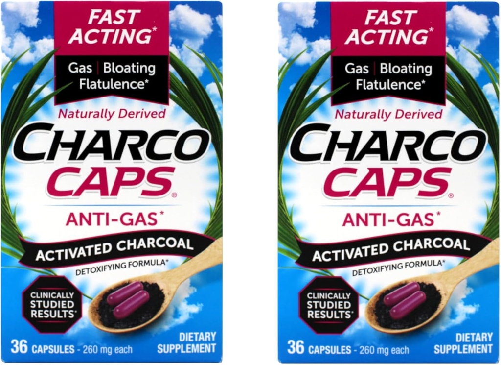 Anti-Gas – Daha hızlı bir şekilde aktif Charcoal Detoxing Formula, Doğal Türlü, Gaz, Bloating ve Flatulence, 36 Capsules, 260 mg Every (Pack of 2)