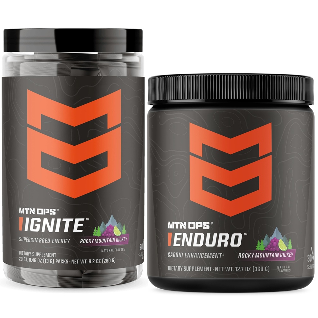 MTN OPS Ignite Trail Packs + Enduro Rocky Mountain Rickey Bundle, Portable Energy + Nitric Oxide Endurance Stack, 200mg Caffeine to-Go Packets + Stimulant-Free Performance