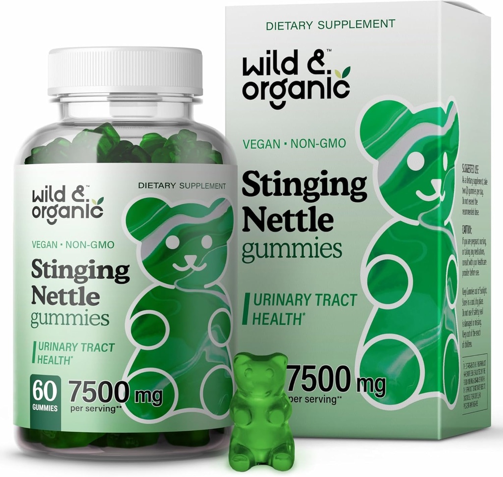 Wild & Organic Stinging Gummies Ρίζα Νετλ 7500mg - συμπλήρωμα στήριξης ούρων για τους άνδρες και τις γυναίκες με εκχύλισμα ρίζας τσιμεντοκονίαμα Νετλ - 60 Vegan, μη GMO Gummies