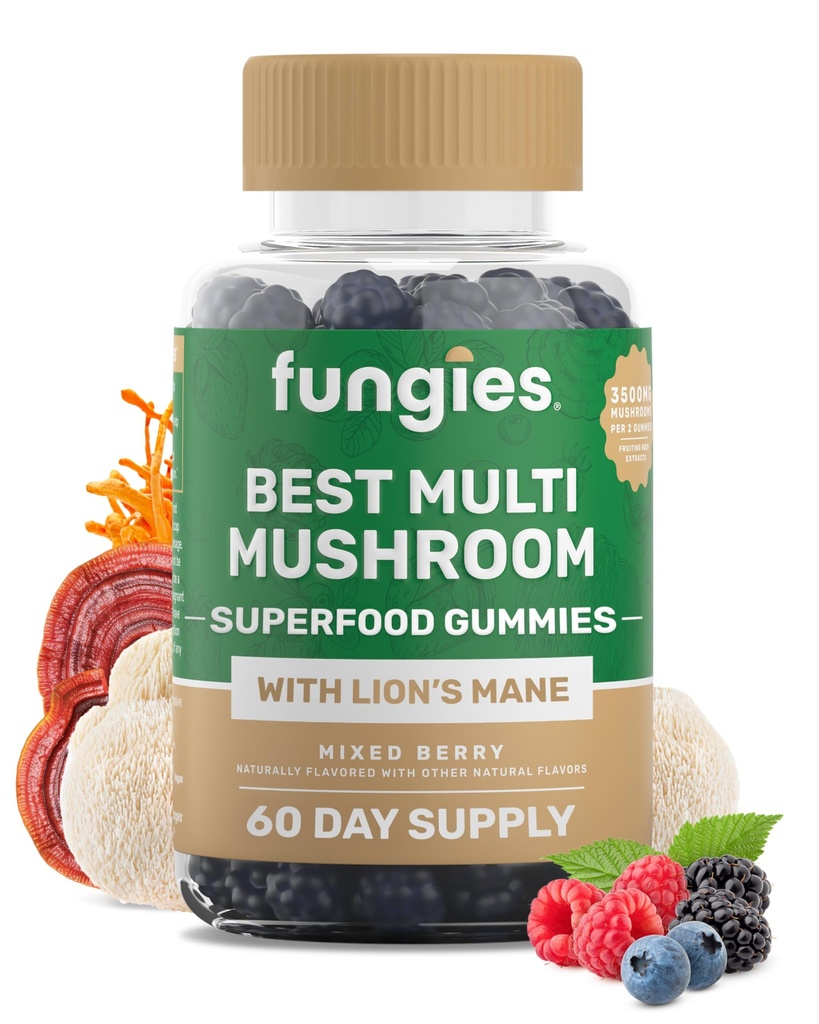 Erkekler ve Kadınlar için Çok Mushroom Gummies - Mushroom Supplement Aslan'ın Mane, Cordyceps, Reishi, Chaga, Shiitake, Mai & Turkey Tail - Gelatin-Free, Gluten-Free & Vegan Gummys