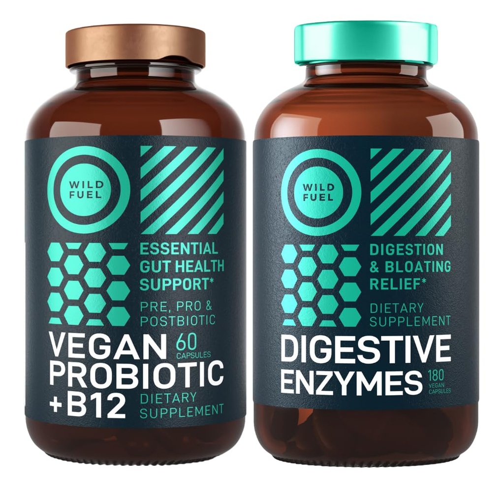 Digestive Ένζυμα με προβιοτικά και προβιοτικά και Vegan Probiotic Plus B12 Enhanced Digestive and Gut Health Bundle