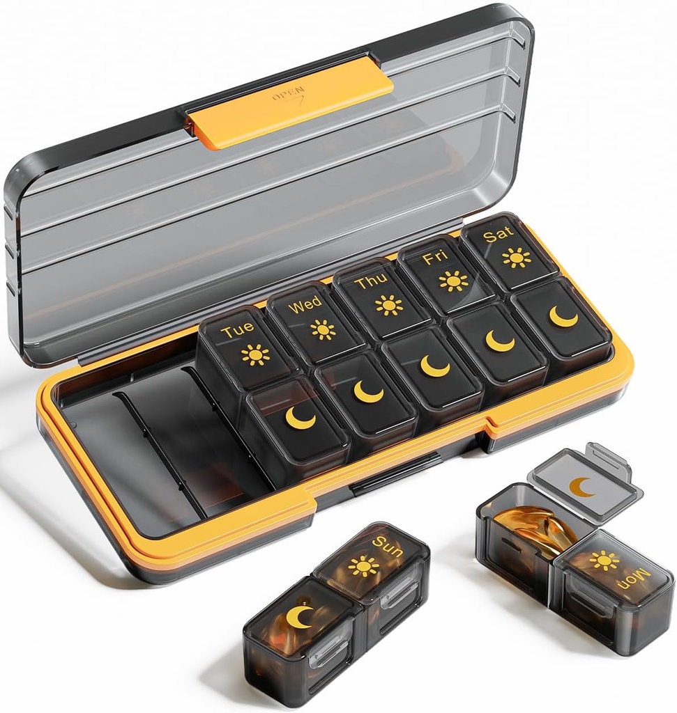 AM PM Pill Organizer 2 Times A Day, 7 Day Pill Box Weekly Pill Organizer Travel with Ayrı konteyner, Portatif Günlük Tıp Planlayıcı Vitamini Davası, Fish Oils, Supplements (BlackGold)