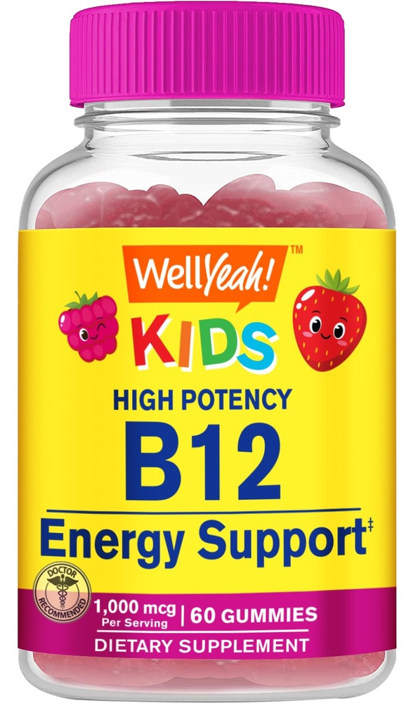 WellYeah Βιταμίνη B12 Gummies για τα παιδιά - Ενίσχυση της ενέργειας, βελτίωση της λειτουργίας του εγκεφάλου, και ενίσχυση του ανοσοποιητικού συστήματος - μη-GMO, γλουτένη-ελεύθερο - Μεγάλη γεύση Berry Flavor - εύκολο να μασήσει - 60 Gummies