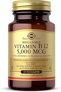 Solgar Megasorb Vitamin B12 5000 mcg - 30 Nuggets - Non-GMO, Vegan, Gluten Free, Dairy Free, Kosher - 30 Hizmet