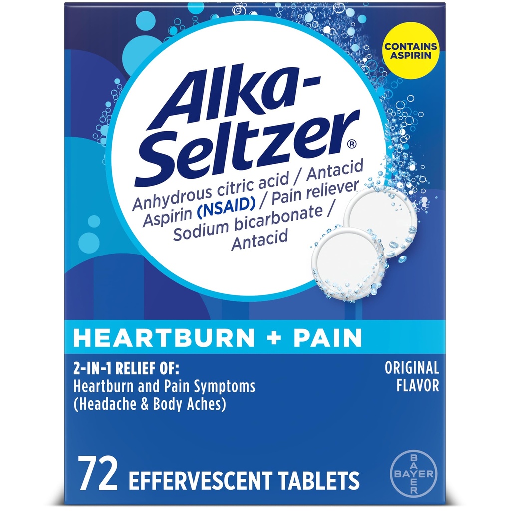 Alka- Seltzer Heartburn + Πόνος Αναβράζοντα Aspirin + Αντιόξινα δισκία, Fast Heartburn Relief and Acid Indigestion Relief, Pain Relief with Aspirin, 72 Ct