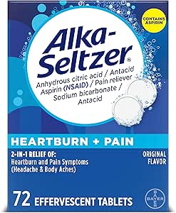 Alka- Seltzer Heartburn + Πόνος Αναβράζοντα Aspirin + Αντιόξινα δισκία, Fast Heartburn Relief and Acid Indigestion Relief, Pain Relief with Aspirin, 72 Ct