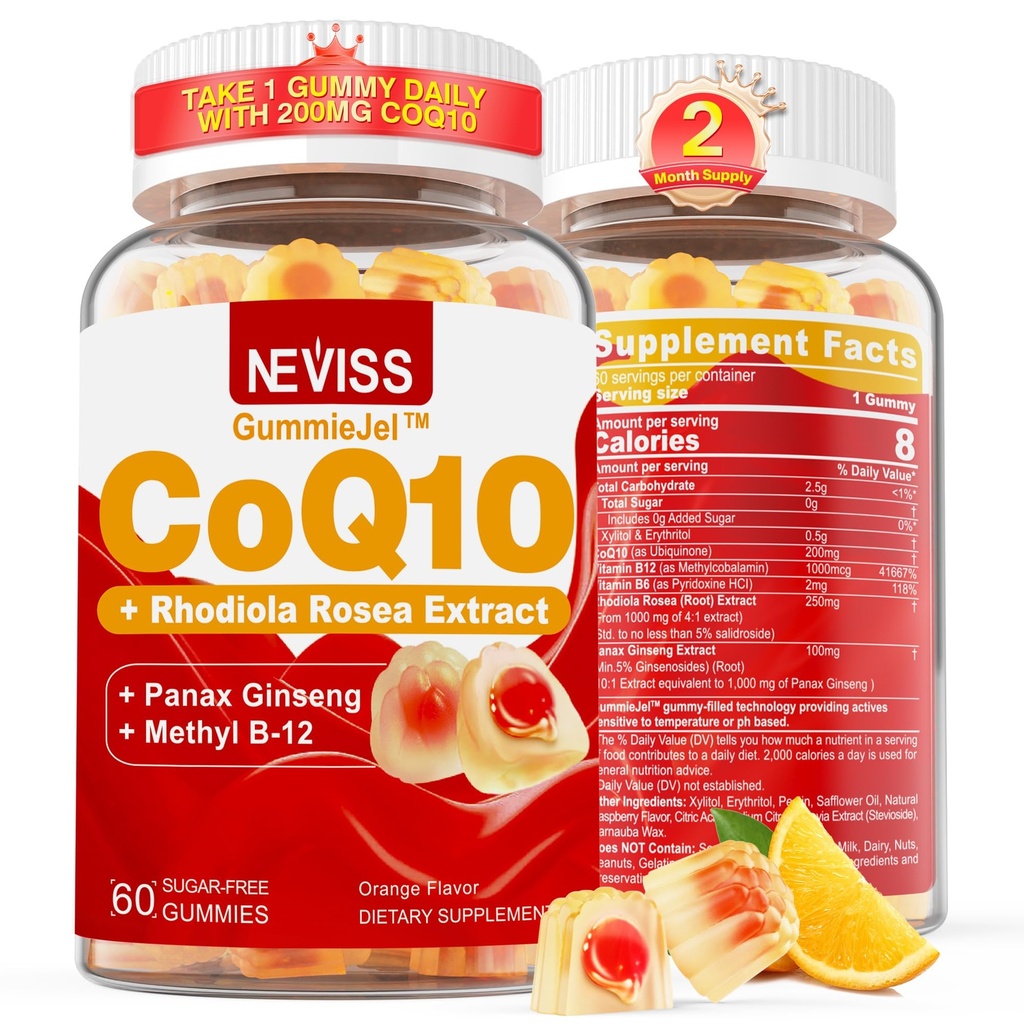 Şeker Free CoQ10-200 mg 400 mg Gummies - 2 Ay Supply - w/ Vitamin B12 100006, Rhodiola Rosea & Panax BTC, B6, Coenzyme Q10 Supplement for Hear-t, Energy, Antioksi, Ultra Aborpsiyon
