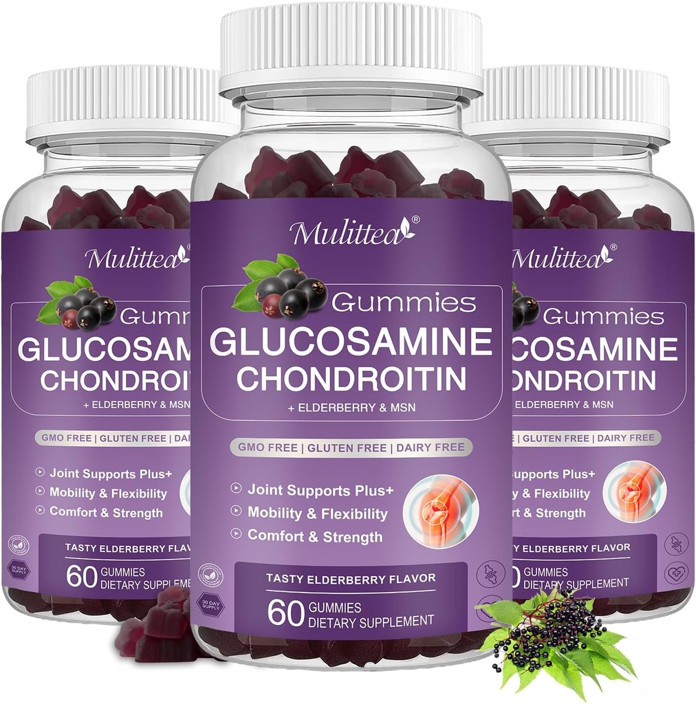 Mulittea Glucosamine Chondroitin Gummies - Ekstra Kuvvetli Ortak Destek Supplement ile MSM & Elderberry ile Doğal Ortak, Antioksit Immune Support for Yetişkinler, Men & Women-(3 Pack)