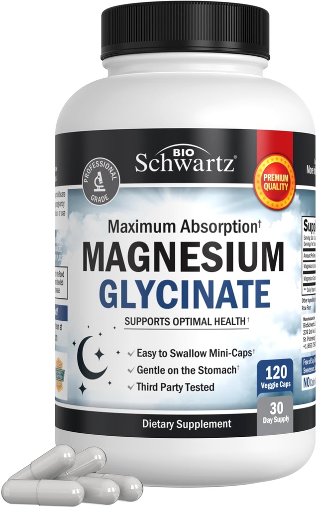 BioSchwartz Magnezyum Glycinate 500 mg Capsules (120 Mini Caps) Sağlıklı Nerves Kass Kalp Mood ve Uyku Desteği (Vegan, Gluten-Free, Non-GMO) için maksimum Abors Magnezyum Tamamı