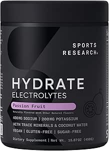 Sports Research® Hydrate Electrolytes Toz - Sugar-Free & Natural Flavored with Vitamins, Minerals, and Coconut Water - Supports Hydration - Passion Fruit - 90 Hizmetler