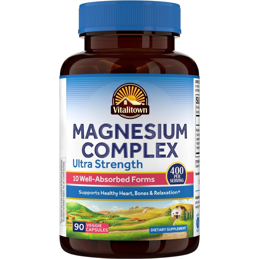 Vitalitown 10 1 Magnezyum Kompleksi Supplement - 400 mg Elemental Magnezyum Chelated with Glycinate, Citrate, Malate, Taurate & More - For Sleep Heart Energy - Non-GMO, Vegan, 90 Caps