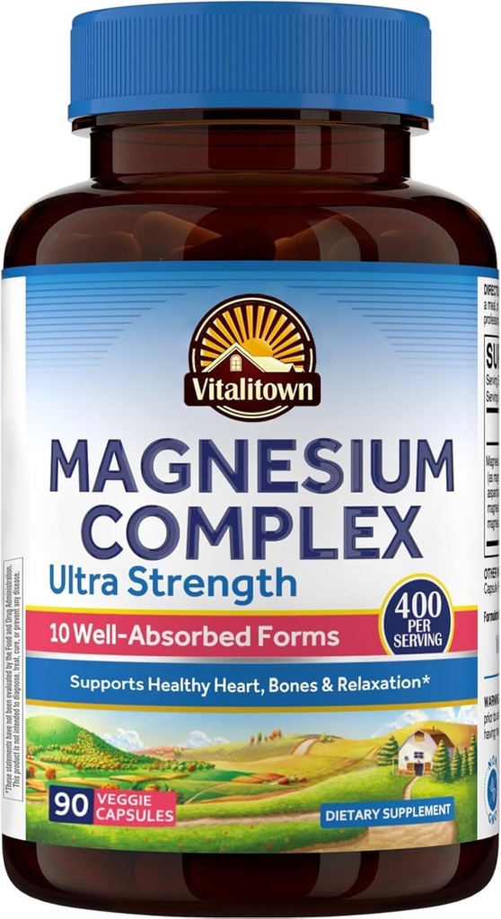 Vitalitown 10 1 Magnezyum Kompleksi Supplement - 400 mg Elemental Magnezyum Chelated with Glycinate, Citrate, Malate, Taurate & More - For Sleep Heart Energy - Non-GMO, Vegan, 90 Caps
