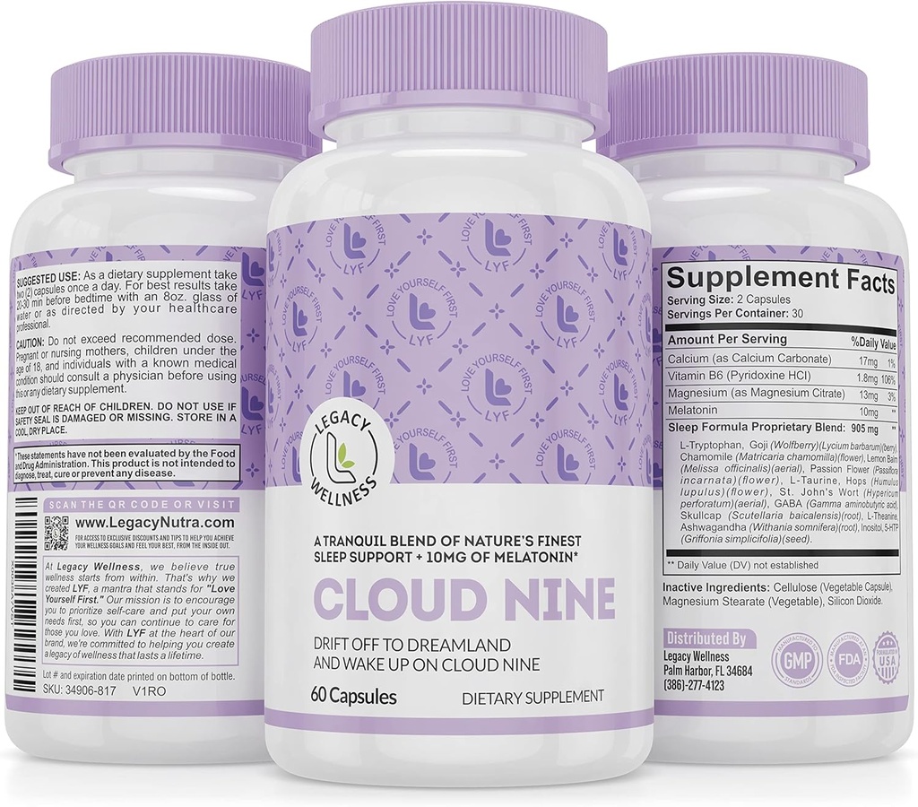 Cloud 9 - All Natural Sleep Aid Supplement - Rahatlama Vitamin & Herbal Formula - 10 mg Melatonin Food Magnisium L-Theanine 5-HTP GABA St. John's Wort Ashwagandha Chamomile & More 60 Vegan Capsules