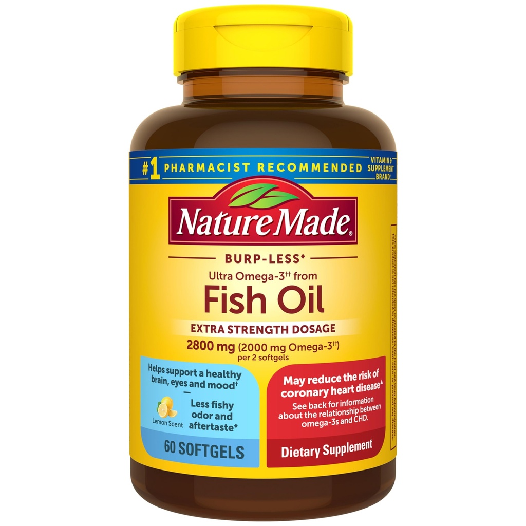 Nature Made Extra Strength Omega 3 Fish Oil Supplements, 2800 mg, Fish Oil Omega 3 Supplements as Ethyl Esters for Health Heart, Brain, Eyes, Mood Support, 60 Softgels, 30 Day Supply, 60 Softgels, 30 Day Supply