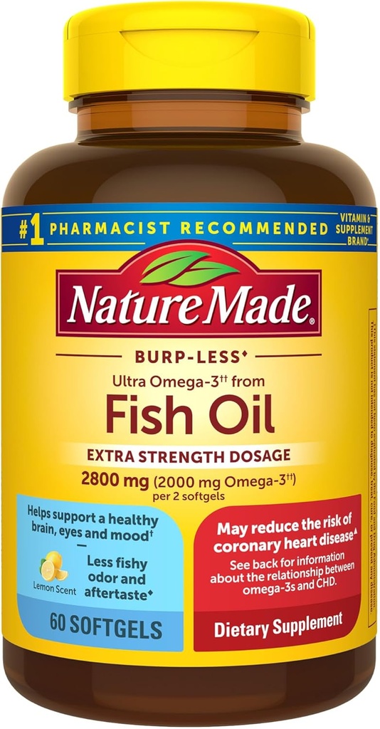 Nature Made Extra Strength Omega 3 Fish Oil Supplements, 2800 mg, Fish Oil Omega 3 Supplements as Ethyl Esters for Health Heart, Brain, Eyes, Mood Support, 60 Softgels, 30 Day Supply, 60 Softgels, 30 Day Supply
