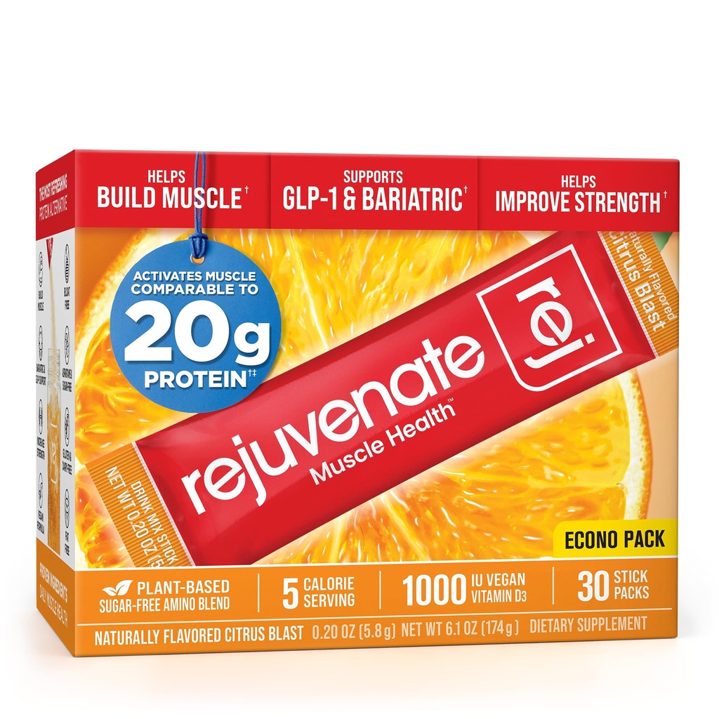 Rejuvenate, Perfect Amino Acid Blend, 1 Stick = 20g Whey Protein, 5 Calories, Vegan Friendly EAA + BCAA for Muscle Growth, Strength & Energy, GLP-1 & Bariatric Support, No Bloat, No Sugar