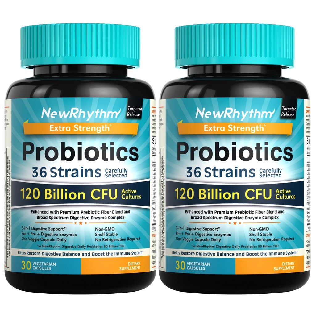 YeniRhythm Probiyotiks 120 Milyar CFU 36 Strains, 3-in-1 Probiyotiks for Digestive Health & Immune Support with Prebiyotiks & Enzymes, Probiyotikos for Women & Men, Vegan Targeted release Supplement, 60ct