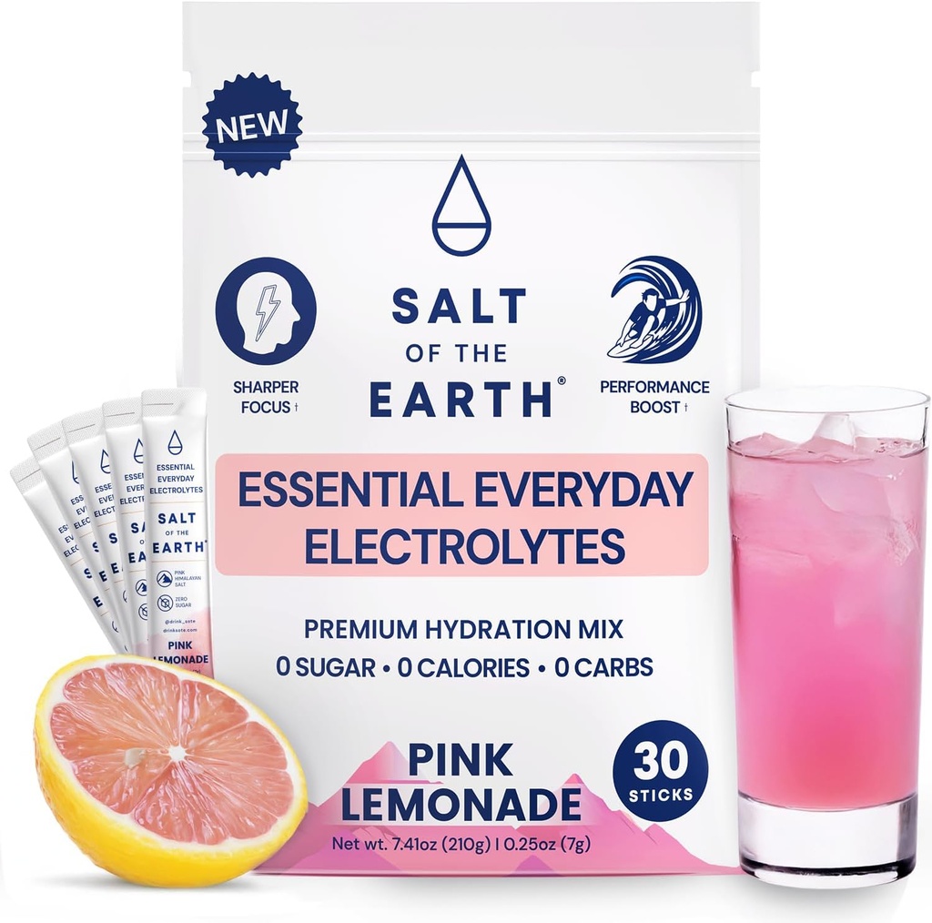 Dünya Premium Zero-Sugar Electrolyte - Pink Himalaya Salt ile yapılır - Hydration Toz Paketleri | Premium Malzemeler | Keto & Paleo Friendly | 30 Sticks, Pink Lemonade
