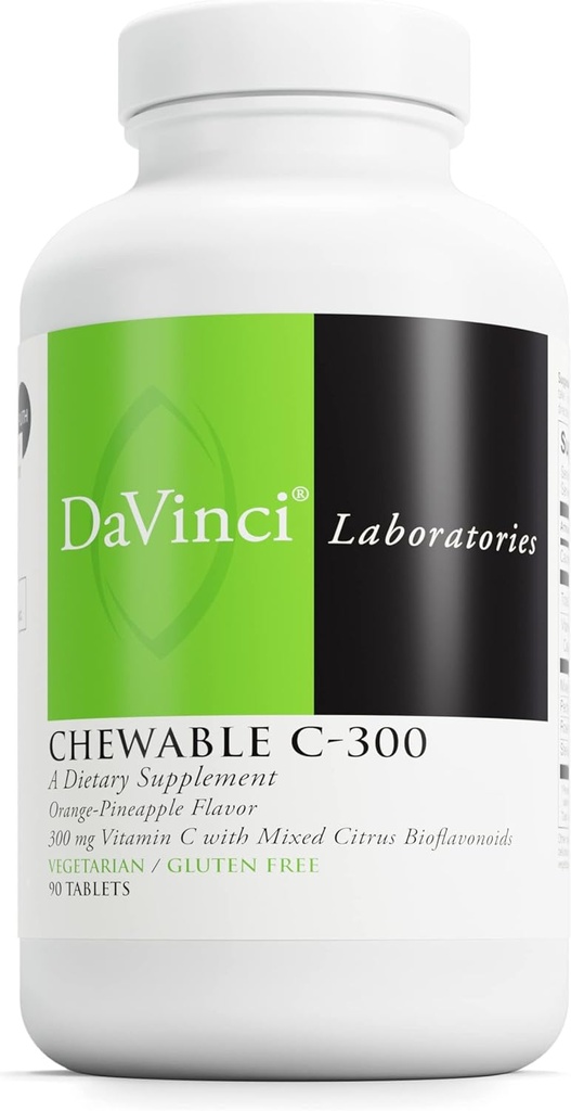DaVinci Labs Chewable C-300 - Συμπλήρωμα για την υποστήριξη της Ανοσολογικής Υγείας, Χοληστερίνης και Κολλαγόνου Παραγωγής - Με Βιταμίνη C, Πεκτίνη και Περισσότερα - Χωρίς γλουτένη - Πορτοκαλί Ανανάς Γεύση - 90 χορτοφαγικά δισκία