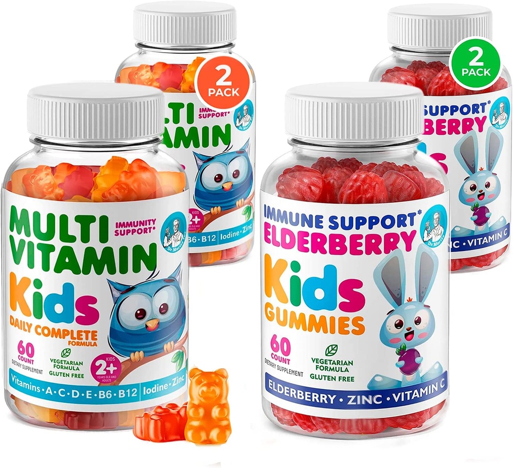 DR. MORITZ Elderberry Gummies for Kids (60 Count 2 Pack) and Kids Multivitamin Gummies Bundle (60 Count, 2 Pack) - for Children’s Immune Support and Overall Health