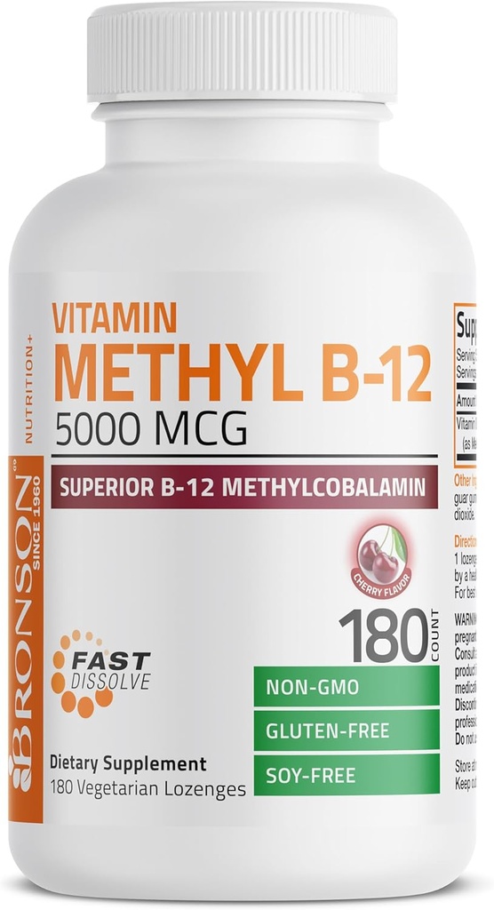 Bronson Methyl B12 5000 mcg Vitamin B12 Methylcobalamin Energy & Brain Support, 180 Lozenges