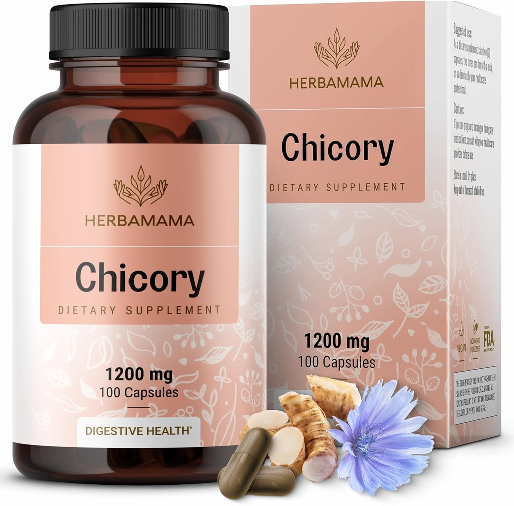 HERBAMAMA Chicory Root Fiber Capsules - 1200 mg Chicory Root Toz Gut Cleanse & Digestive Support - Vegan, Non-GMO Inulin Prebiyotik Fiber Supplement Supplement