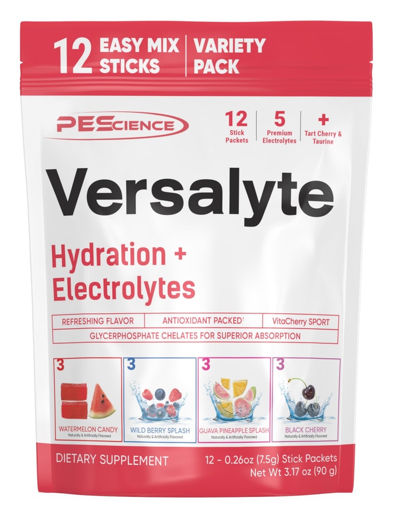 PEScience Versalyte Electrolyte Hydration Packets, Sugar Free Electrolyte Powder with Magnesium, Taurine, Antioxidants, Trace Minerals - 4 Flavor Variety Pack, 12 Servings