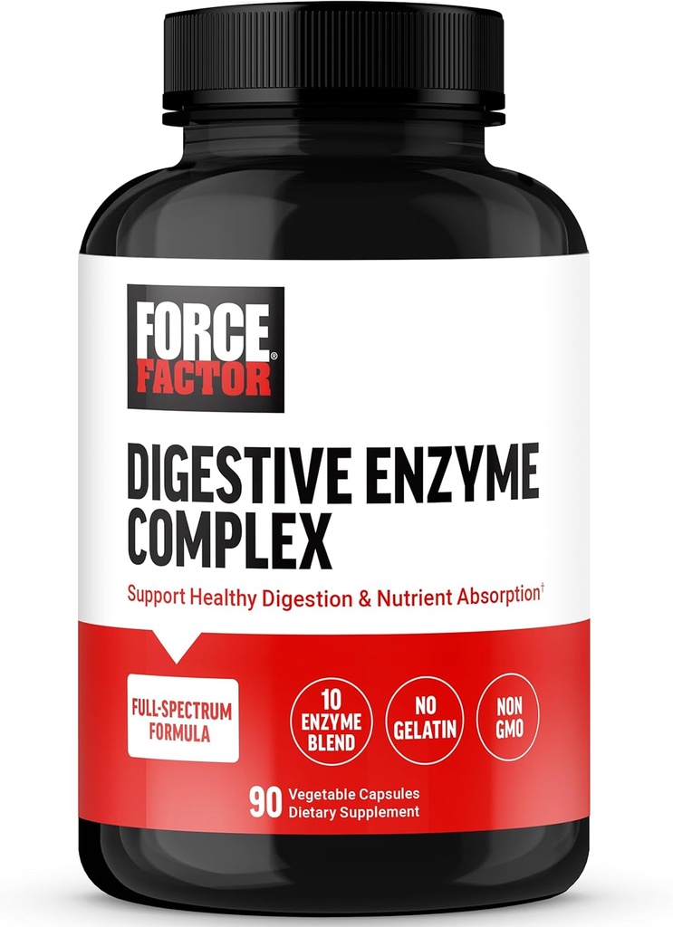 FORCE FACTOR Digestive Enzymes Complex to Support Digestive Health, Gut Health, and Provide Bloating Relief for Women and Men, Full- Spectrum 10 Digestive Enzymes, Non-GMO, 90 Κάψουλες
