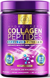 Κολαγόνο Peptides Powder 20G με Υαλουρονικό οξύ & Βιοτίνη, Άγευστο γρασίδι Fed Hydrolyzed σκόνη τύπου I & III - Υποστηρίζει τα μαλλιά, τα νύχια, το δέρμα, τα οστά και τα κοινά - Best Συμπληρώματα κολλαγόνου - 28
