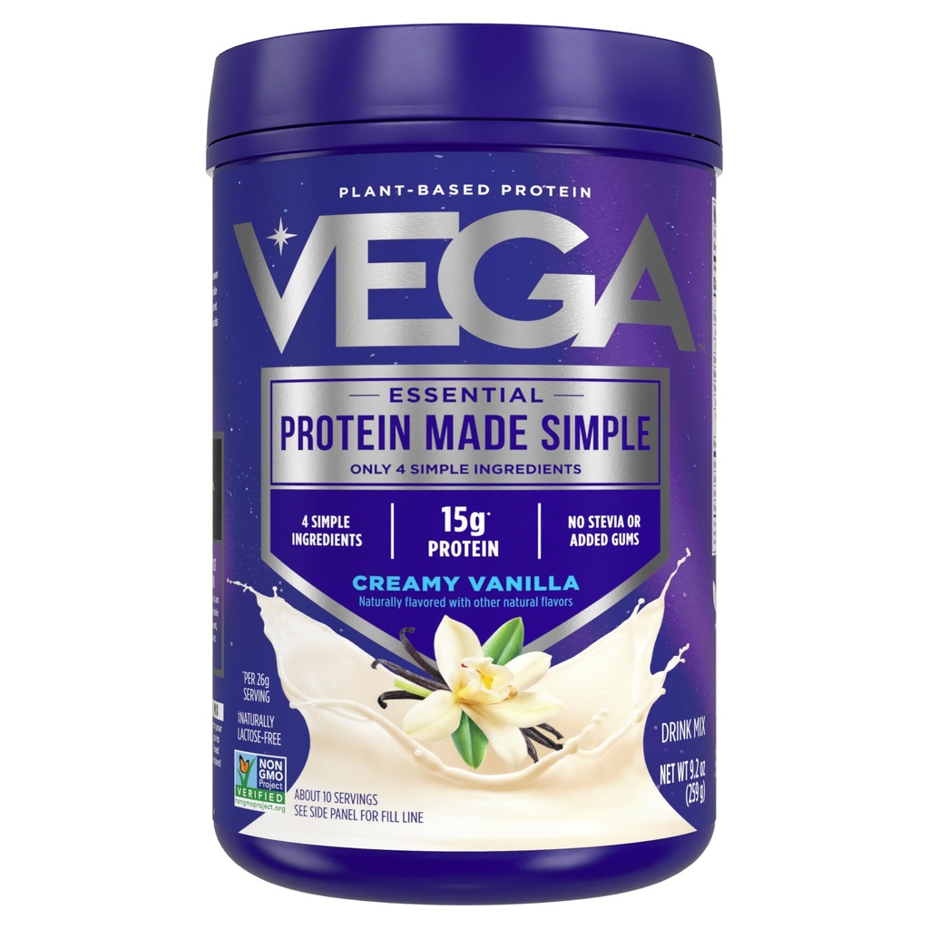 Vega Protein Made Simple Protein Powder, Vanilla - Stevia Free, Vegan, Plant Based, Healthy, Gluten Free, Pea Protein for Women and Men, 9.2 oz (Packaging May Vary)