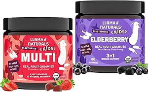 Llama Naturals Kids Multivitamin Gummies + Elderberry Gummies Sche | Nodrew Sugar Cane | Vegan | Organik | 2 Şişe