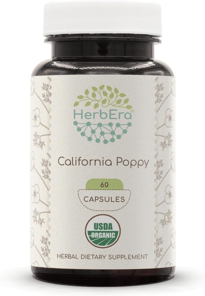 HerbEra California Poppy 60 Κάψουλες, 800 mg, Φτιαγμένα με USDA Organic California Poppy (Escholzia Californica) Αποξηραμένα Βότανα και Λουλούδι (60 κάψουλες)