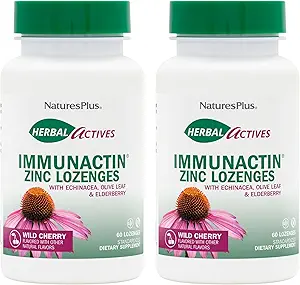NaturesPlus Herbal Actives ImmunActin - 60 Zinc Lozenges, Pack of 2 - Wild Cherry Flavor - Supports Immune Health - with Echinacea, Elderberry & Olive Leaf - Gluten Free - 120 Total Servings