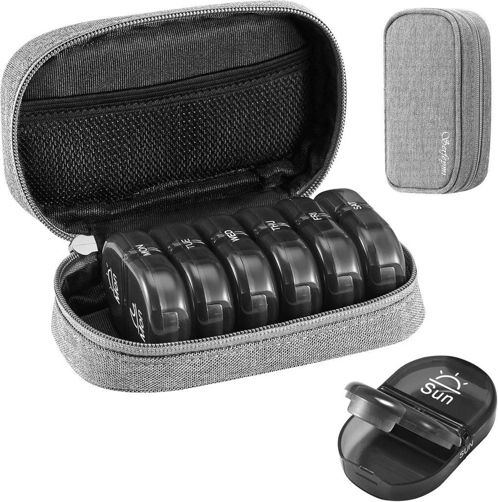 Serfeymi Weekly Travel Pill Organizer 2 Times A Day AM PM Αναβάθμιση Black Pill Box 7 Day with Portable Zipper Canvas Pill Case, Medicine Organizer for Pills, Vitamins, Συμπληρώματα, Fish Oils - Γκρι 01