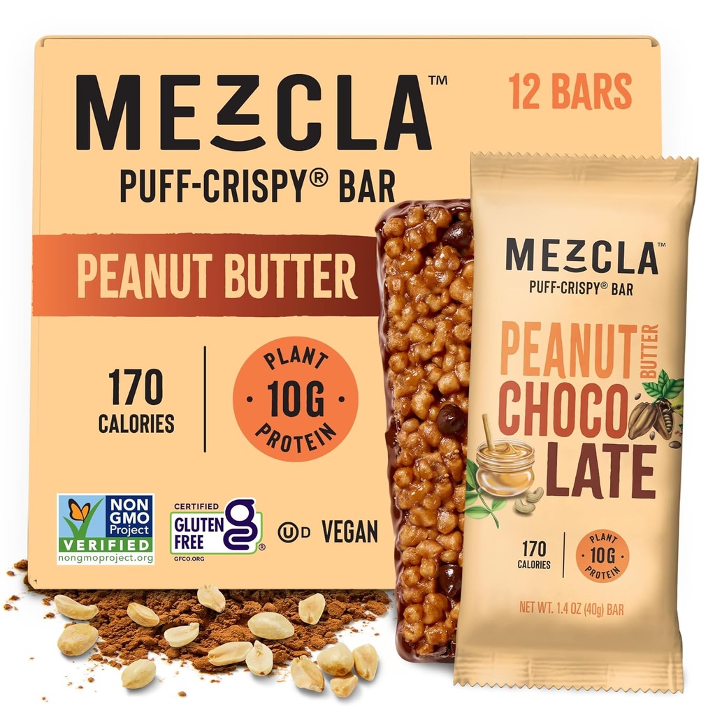 Mezcla Puff Crispy Protein Bars, Gluten Free & Vegan Protein Bars, 10g Protein, Alt for Crispy Rice Treat, Granola Bars & Breakfast Bars, Healthy Snacks for Adults, Peanut Butter Chocolate, 12 Pack