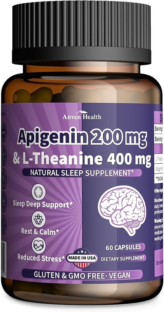 400 mg L-Theanine with 200 mg Apigenin Supplement for Sleep- Natural Relaxation & Stress Relief - Gluten Free,Non-GMO, Zero Fillers - Made in USA | 60 Veggie Capsules