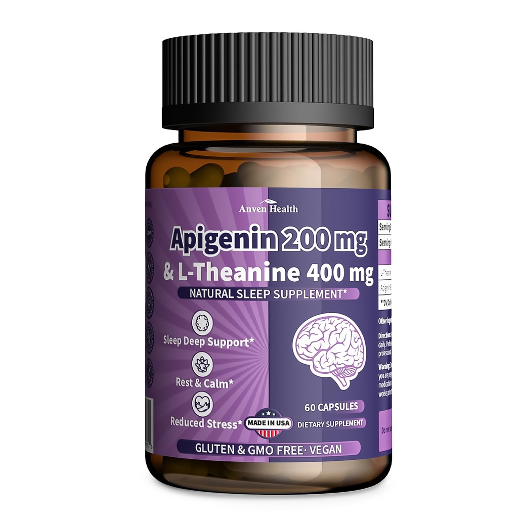 400mg L-Θεανίνη με 200mg Apigenin συμπλήρωμα για τον ύπνο-Φυσική χαλάρωση & ανακούφιση από το στρες - Χωρίς γλουτένη, χωρίς γλουτένη, χωρίς γλουτένη - Made in USA 