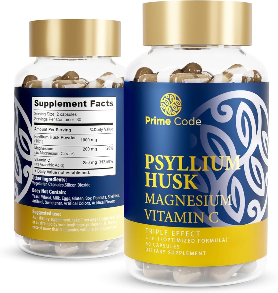 Prime Code [3 in 1] Psyllium Husk Capsules ile Citrate ve Vitamin C | Psyllium Husk Capsules 1000 mg | Magnezyum Citrate 200 mg | Vitamin C 250 mg | Non-GMO | Gluten & Soy Free | Vegan