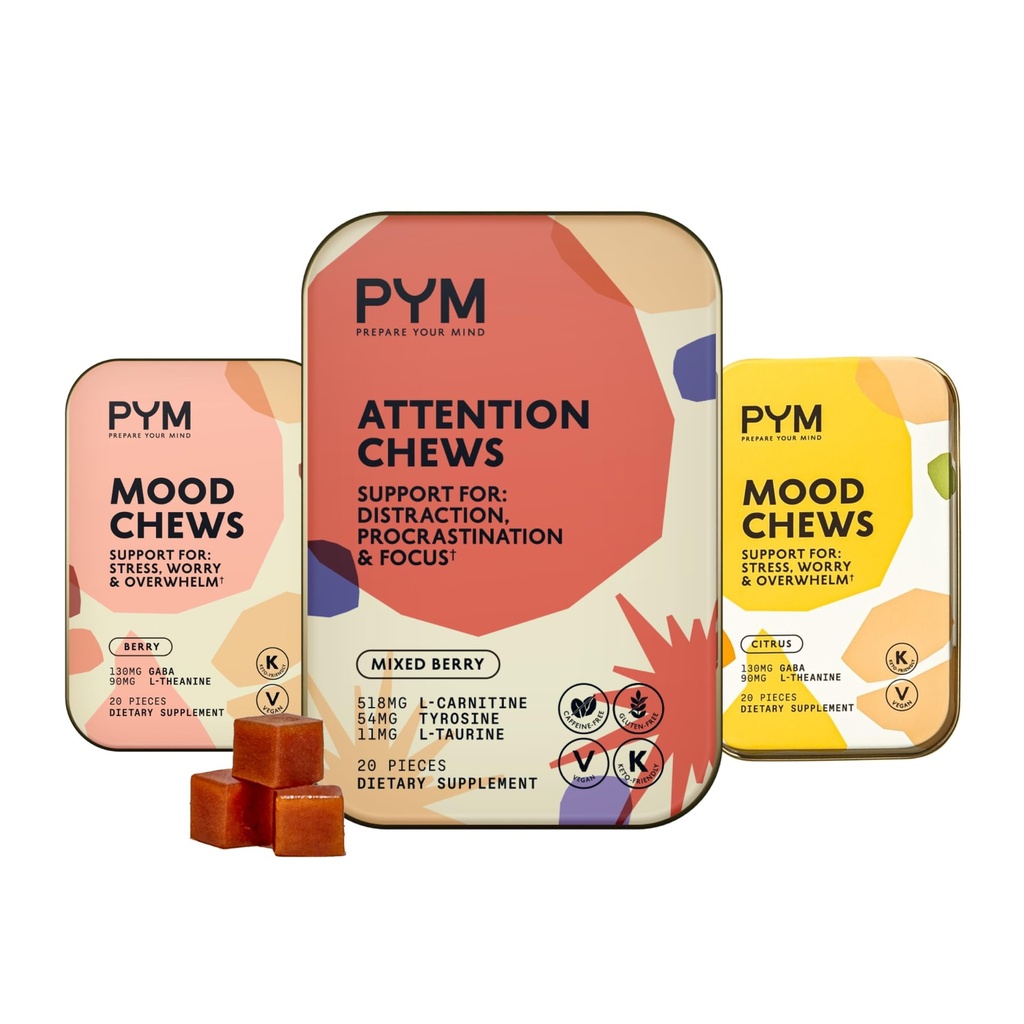 PYM Mood & Focus Chews Variety Pack, 60 Count | Berry & Citrus Mood Chews + Attention Chews | GABA, L-Theanine, L-Carnitine | Vegan, Non-GMO, Caffeine-Free